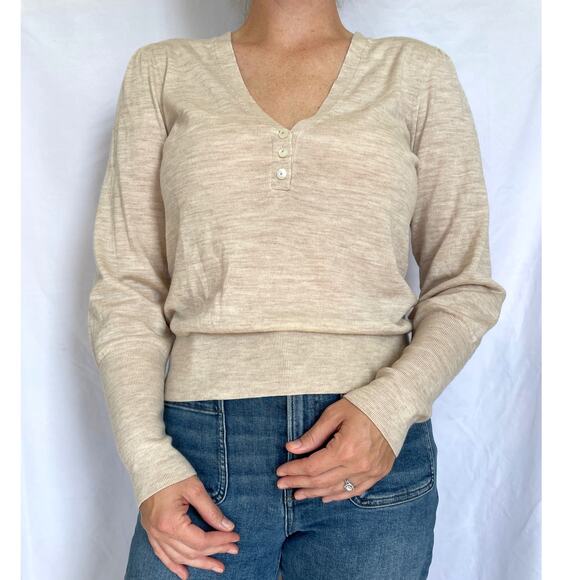 Veronica Beard Inez  Stretch Merino Deep V Henley Sweater, Oatmeal, Large - Picture 6 of 6